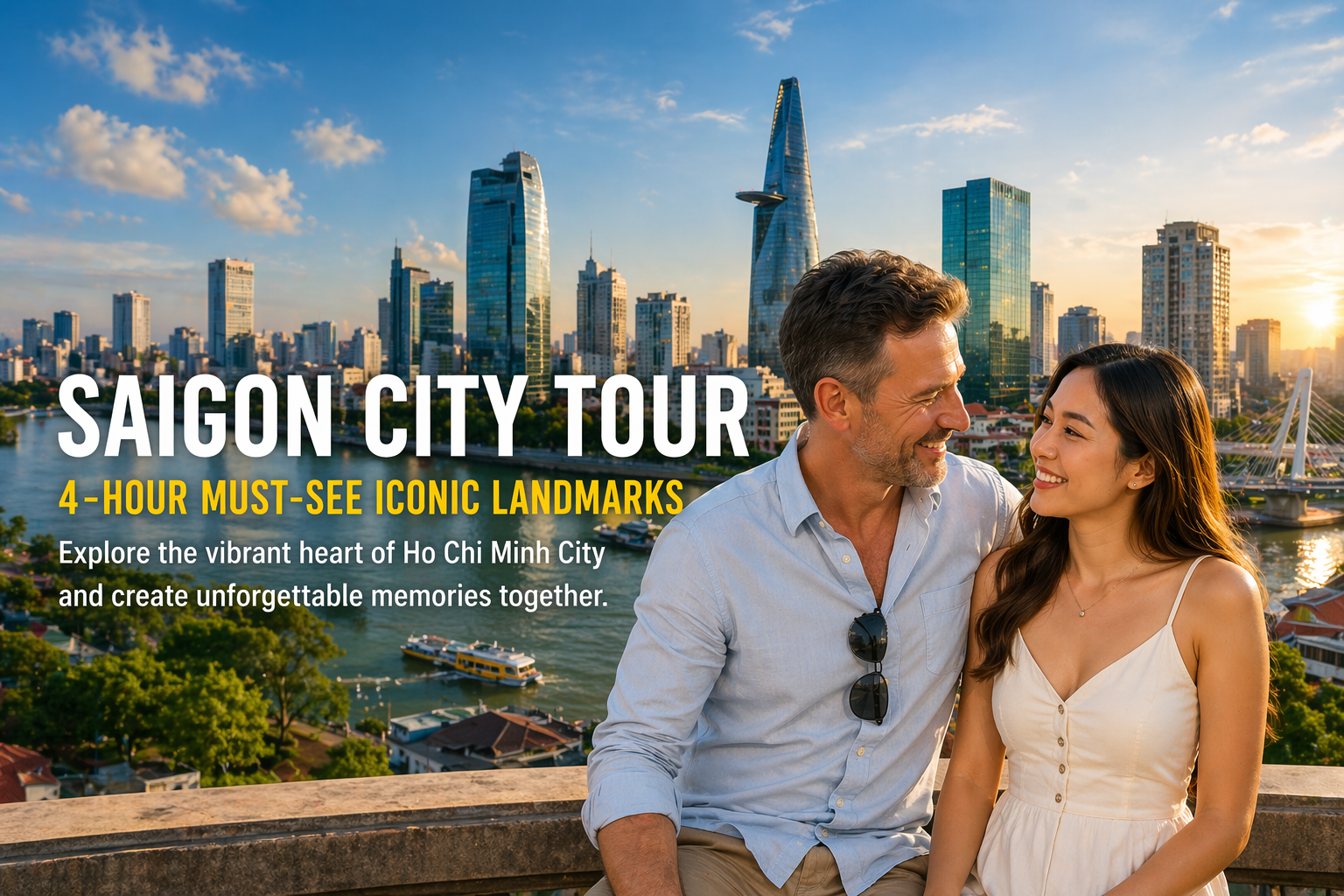 Saigon City Tour with Ho Chi Minh City skyline and couple enjoying Vietnam sightseeing